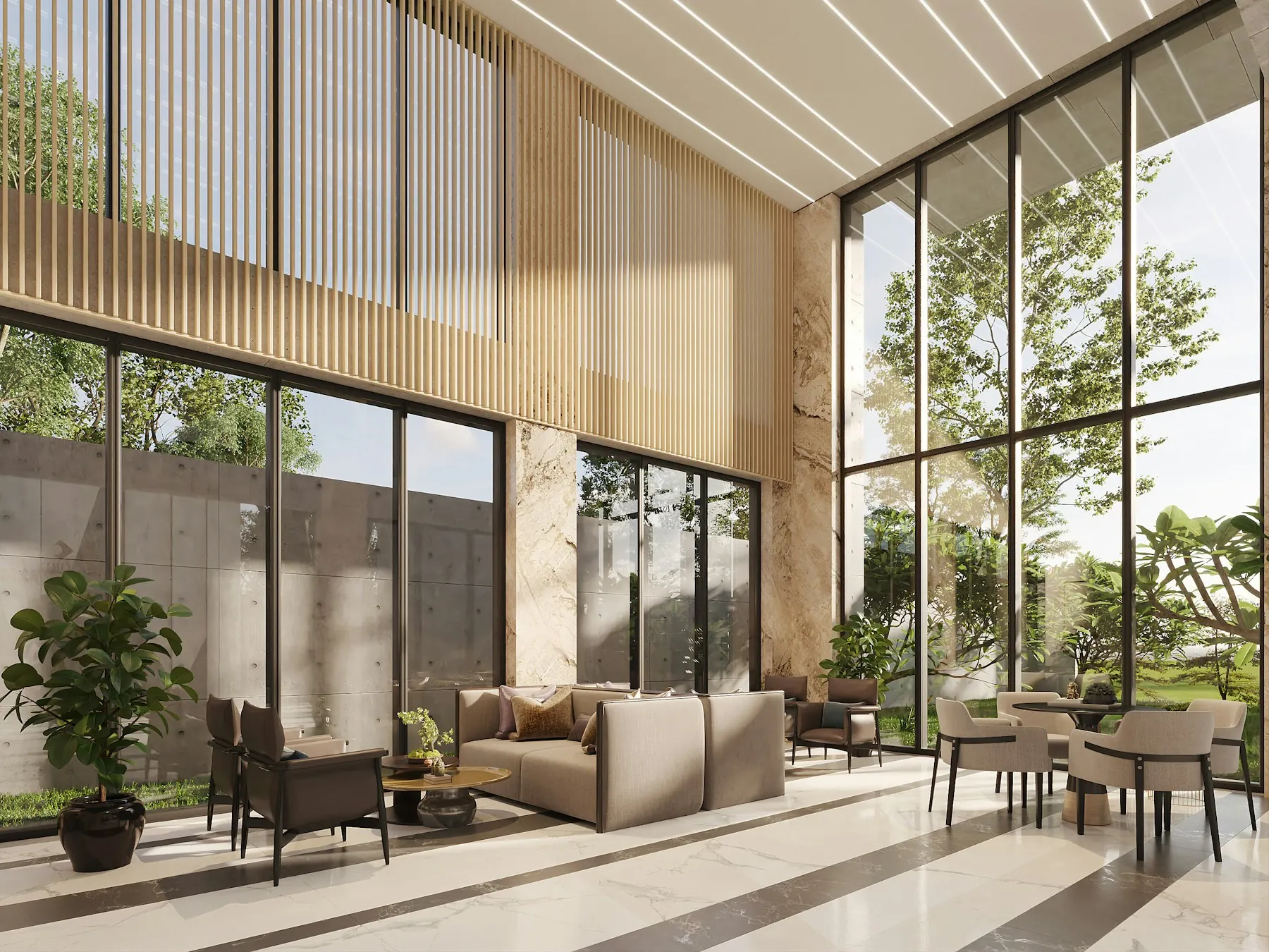 Spacious modern living room with polished marble floor